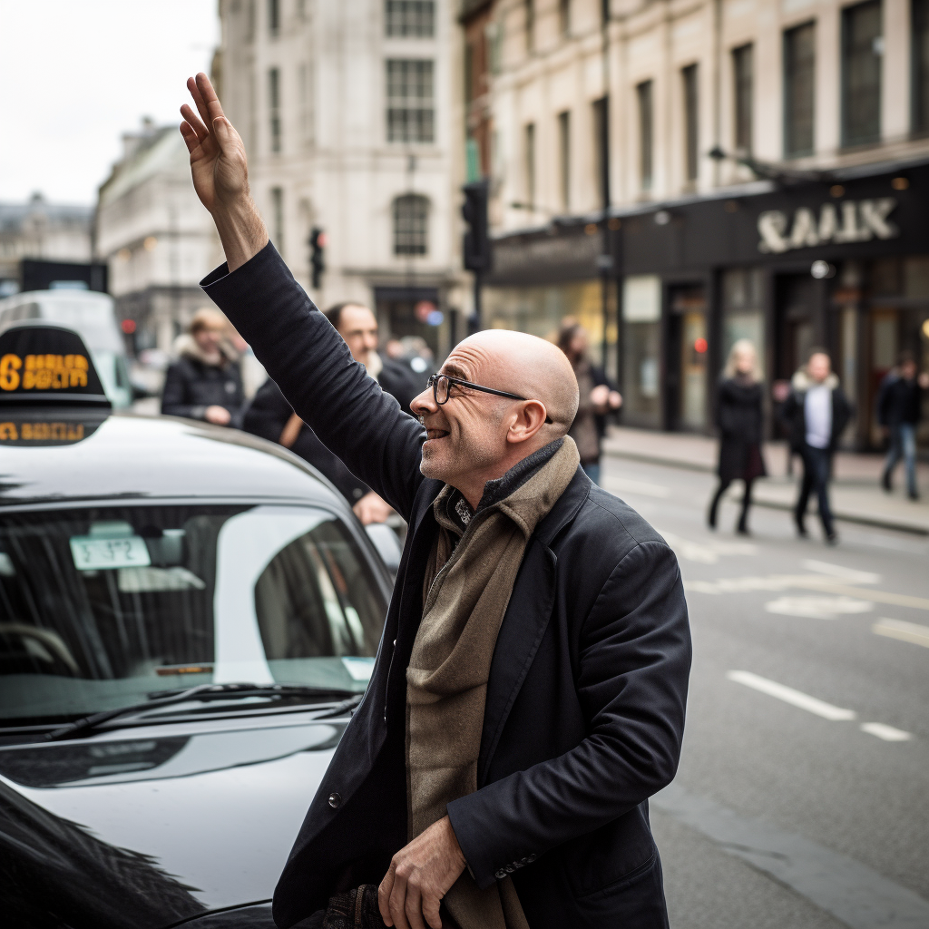 Bald man hailing taxi in the UK