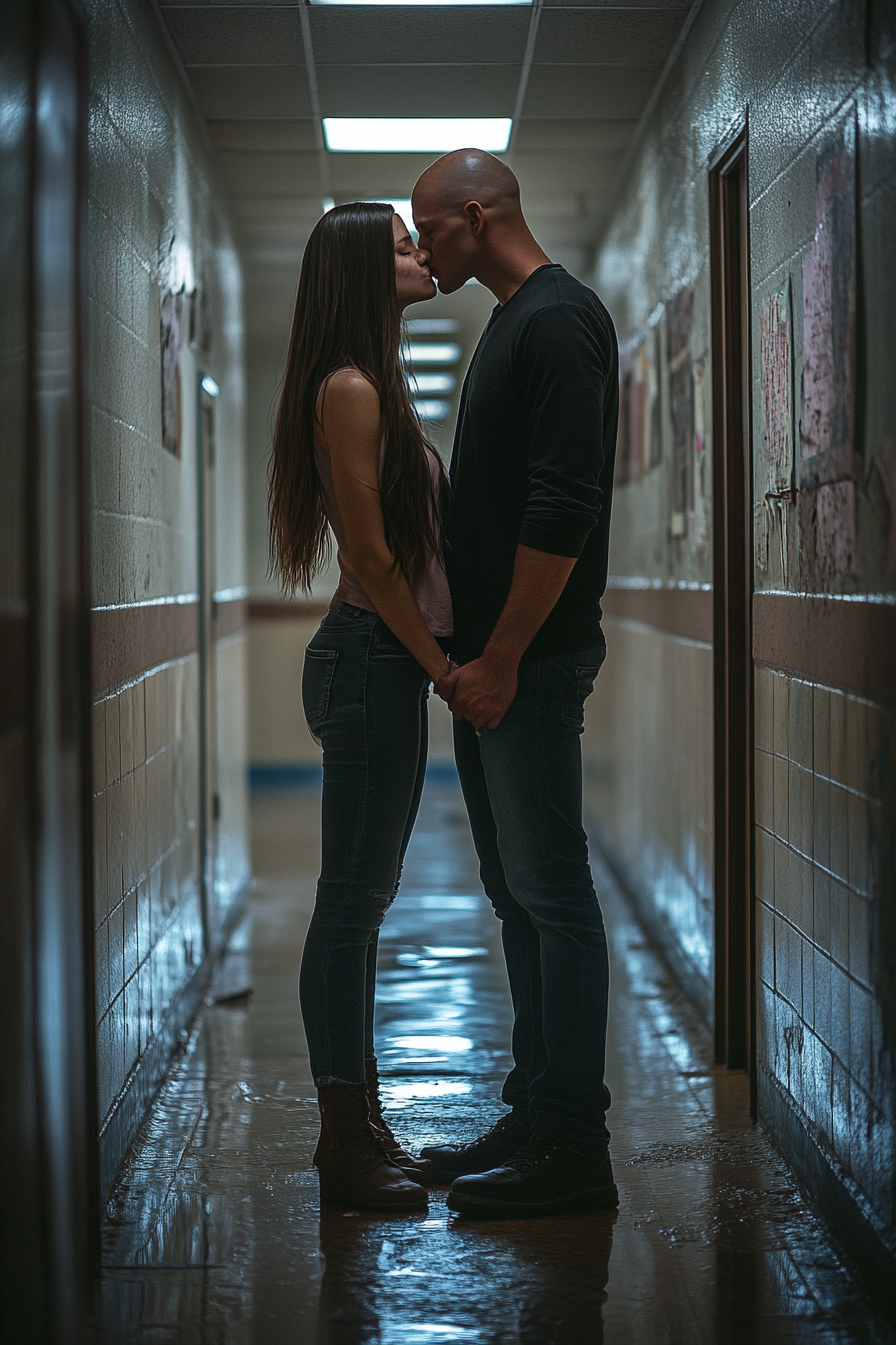 Bald man kissing girl photo