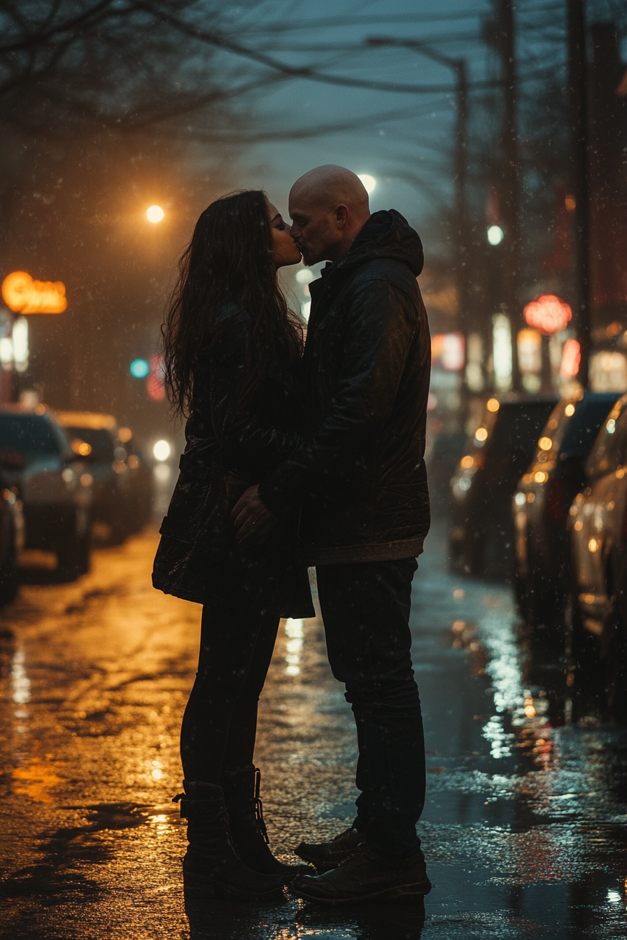 Man and girl kissing at night