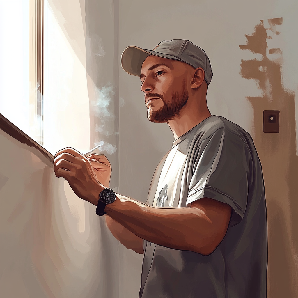 Bald man painting living room walls