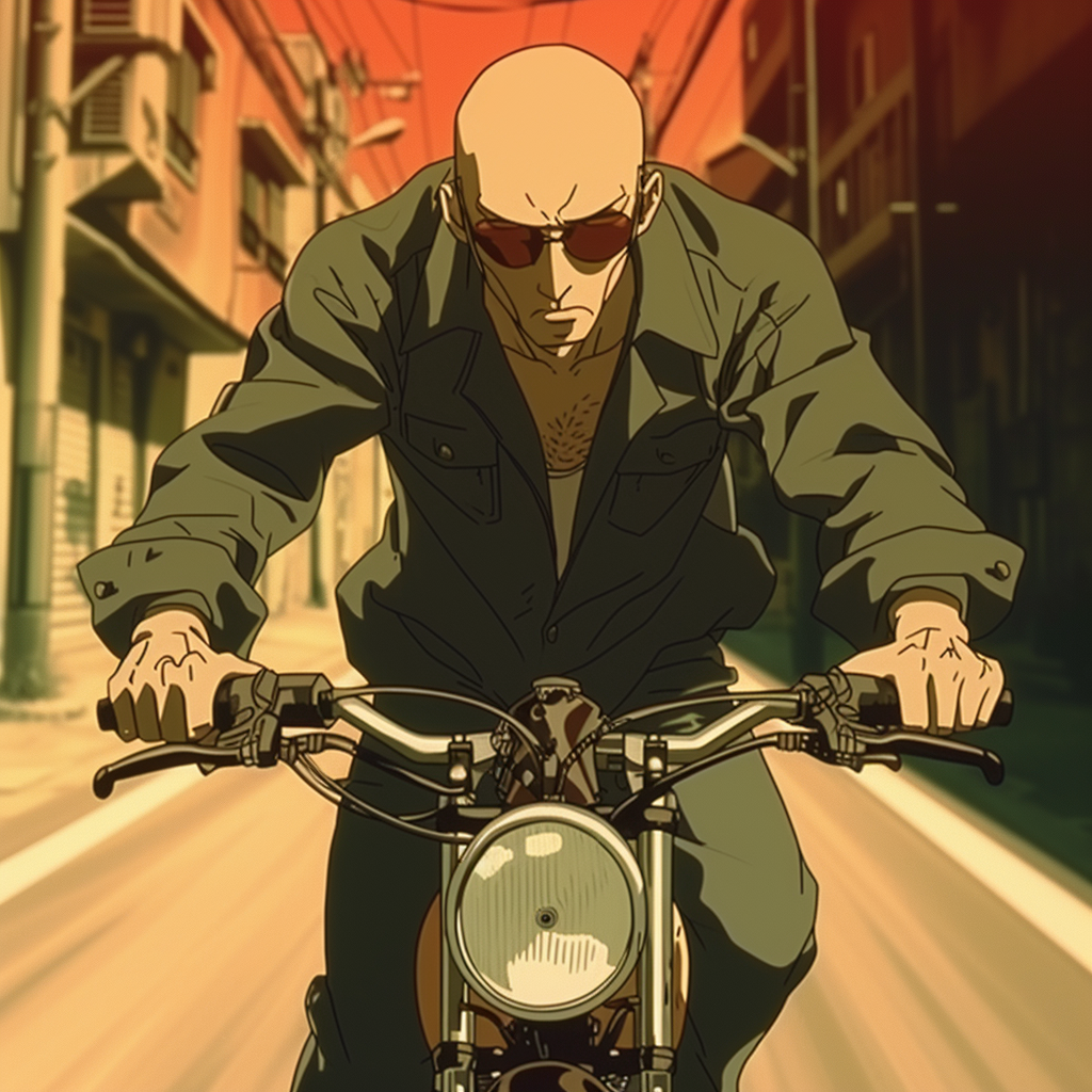 Bald man riding bike in Redline style