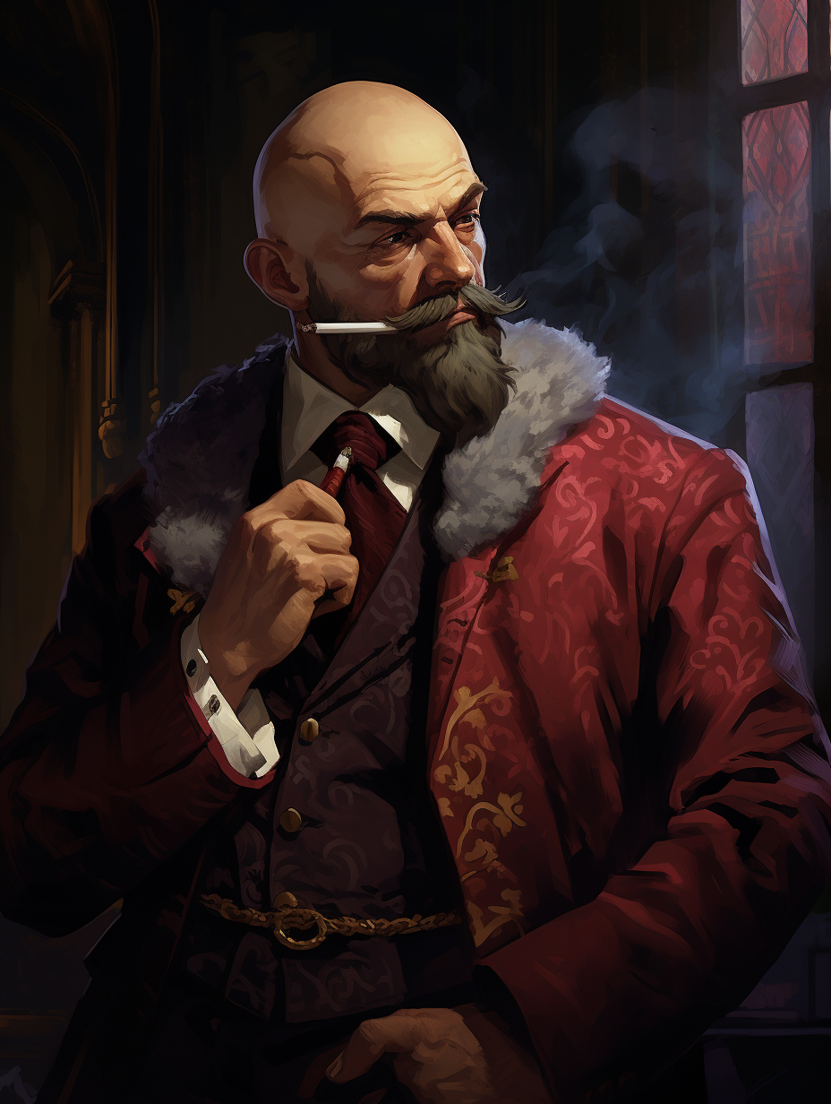 Bald man with smoking pipe and forked beard