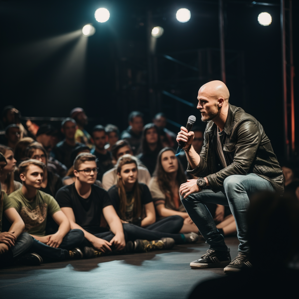 Rugged stylish bald man talking on stage