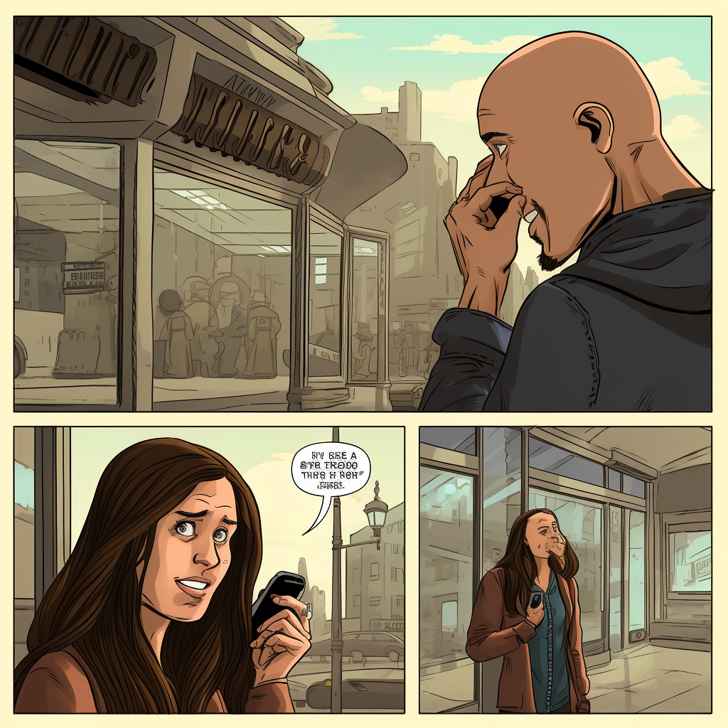 Bald man talking to woman on phone