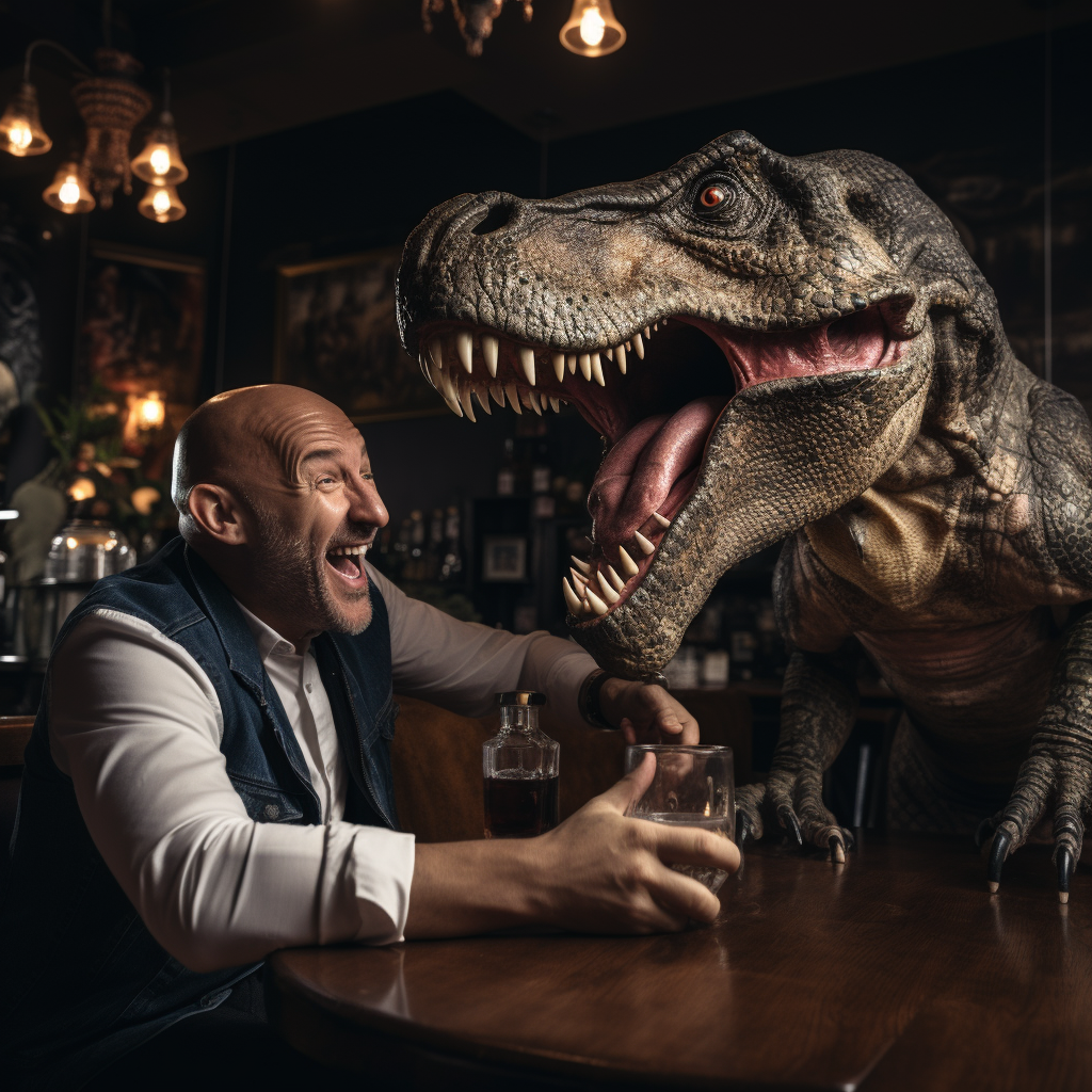 Bald man and T-Rex sharing a moment