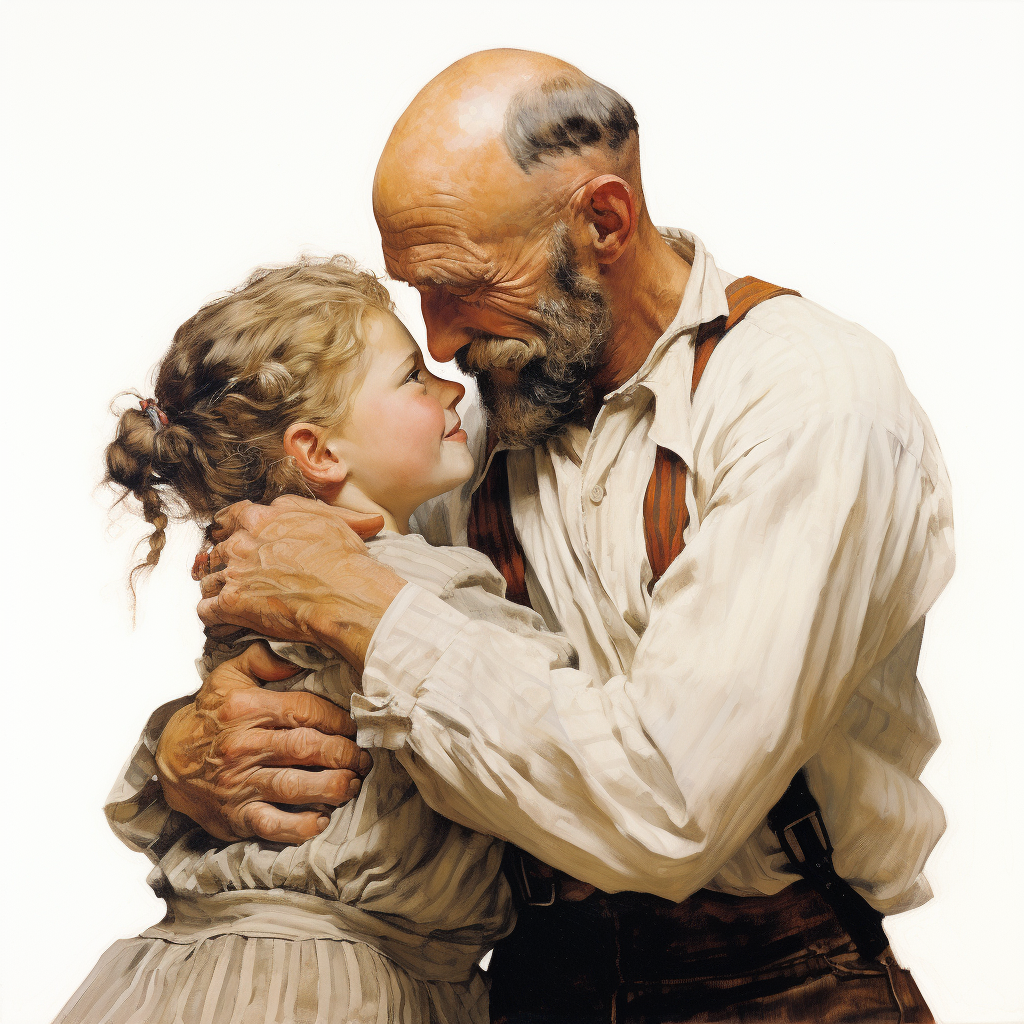 Bald man wrestling daughter, a Norman Rockwell scene