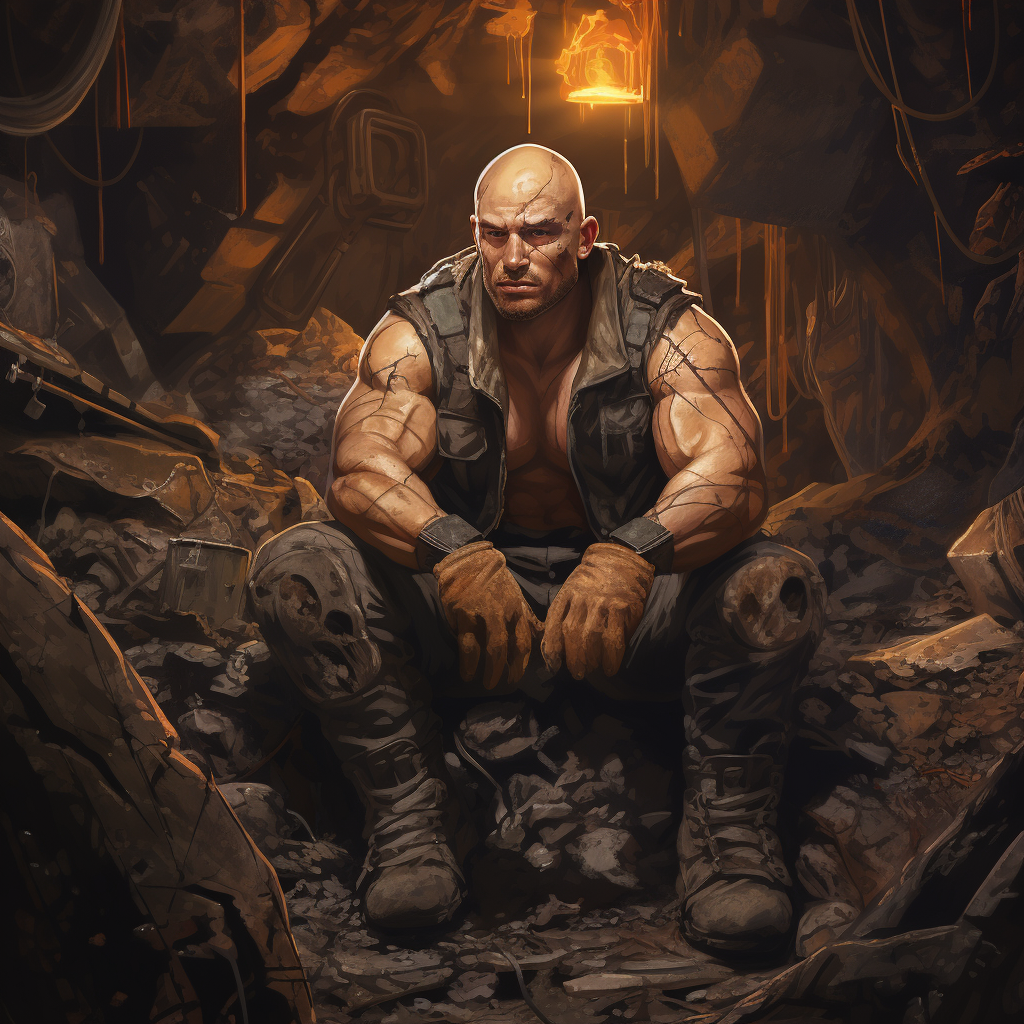 Strong bald man working in cortosis mine