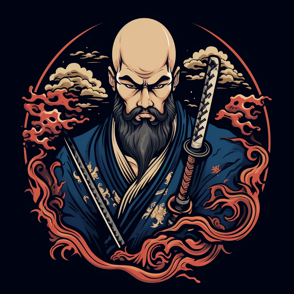 Bald shogun samurai with beard and sword