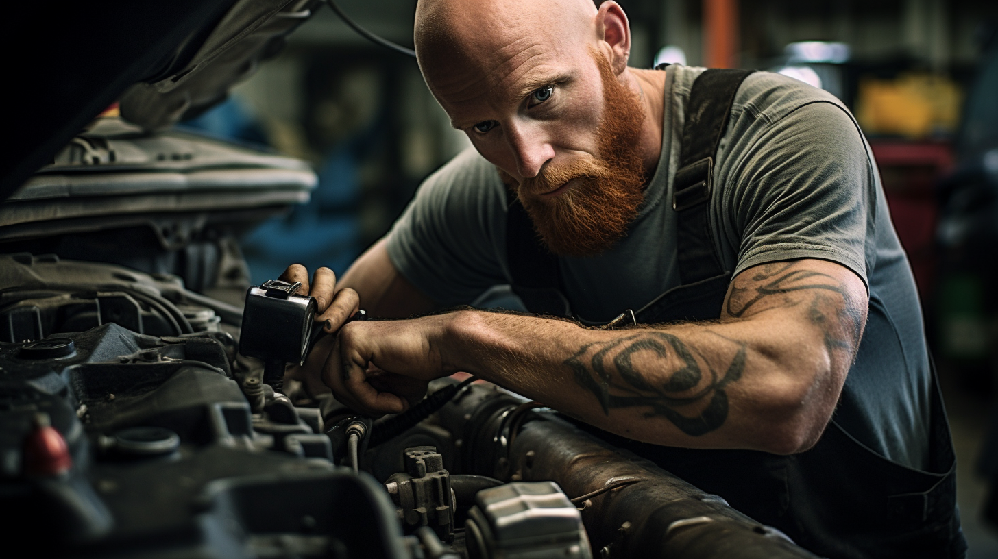 Bald Skinny Ginger Working on Black Honda Civic