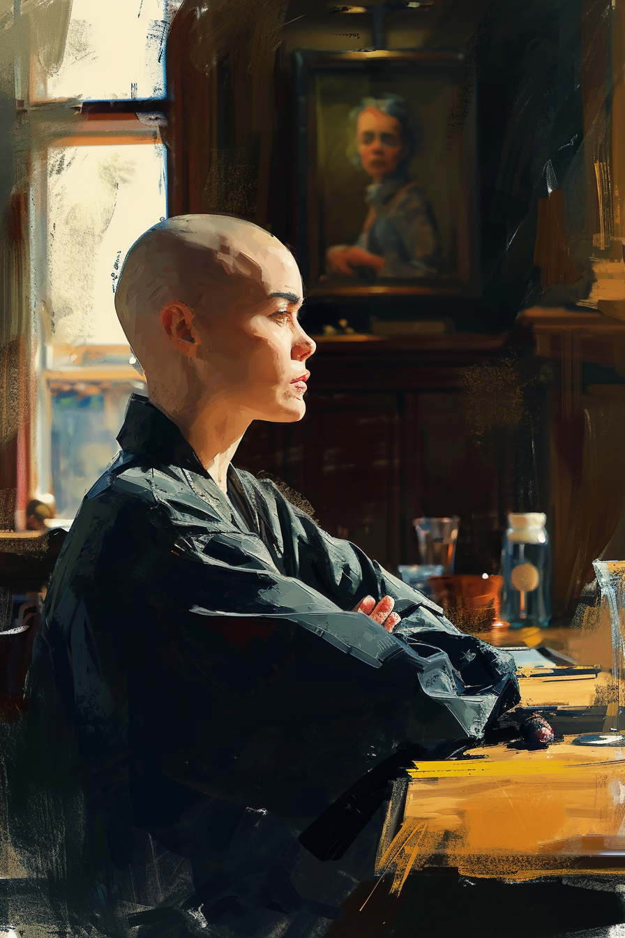 Bald woman Sinead O'Connor sitting at table