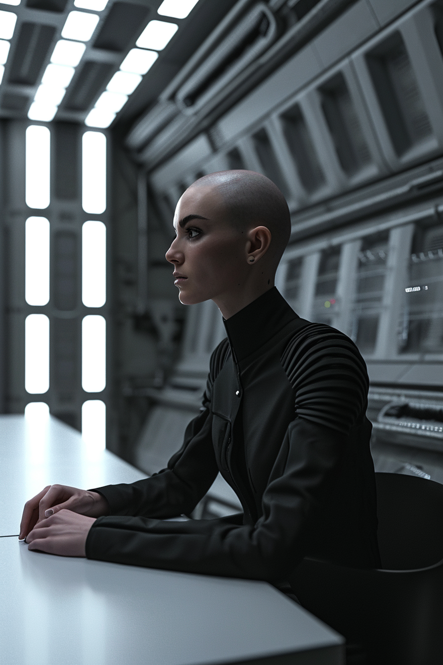 Bald woman sitting at futuristic table