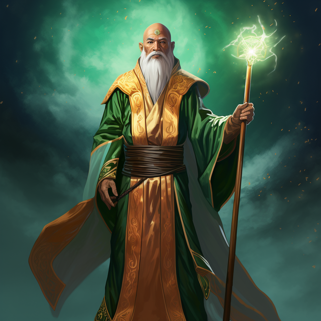 Asian wizard with magical staff