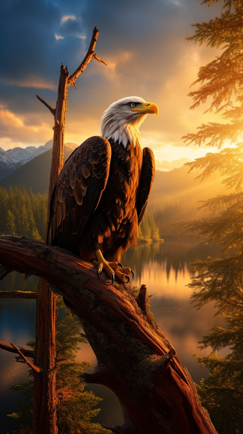 Beautiful Bald Eagle on Branch Overlooking Lake