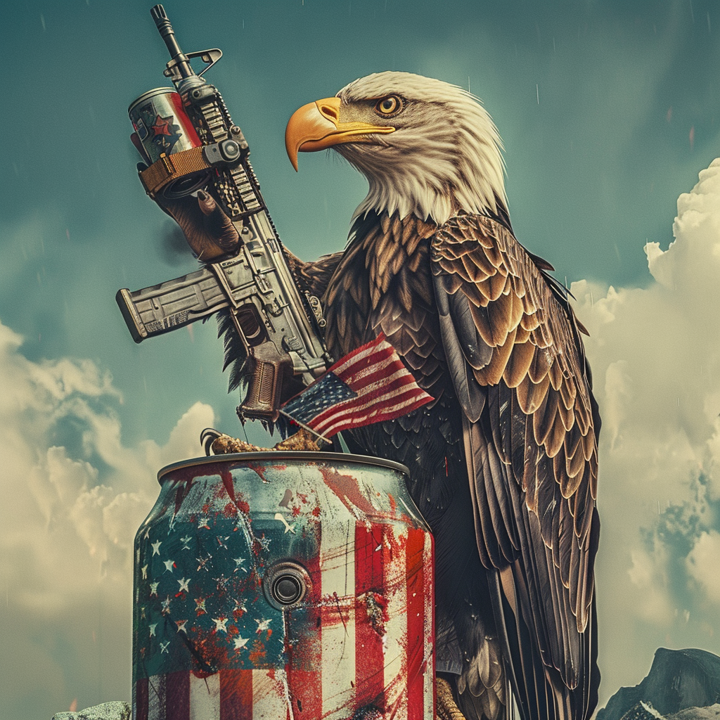 Bald eagle with AK47 on can