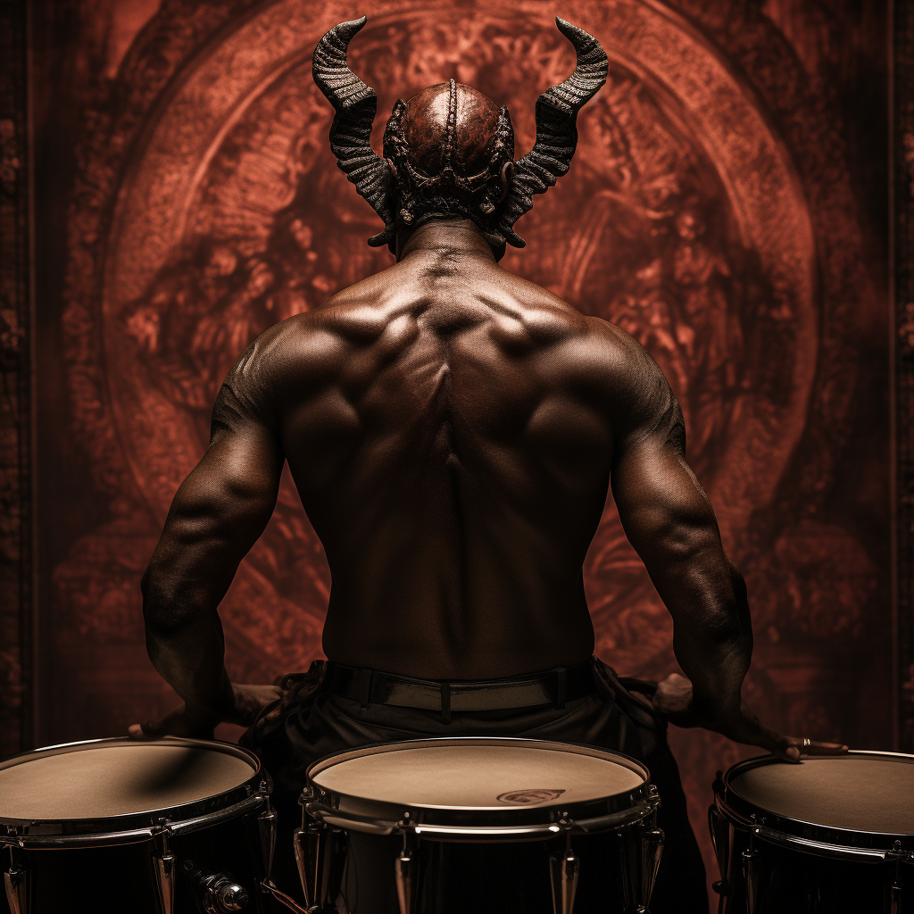 Bald male playing drums with demon in background