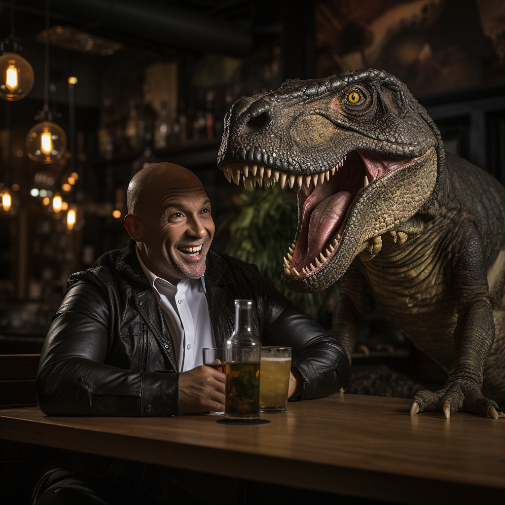 Bald man in bar with loving Tyrannosaurus Rex