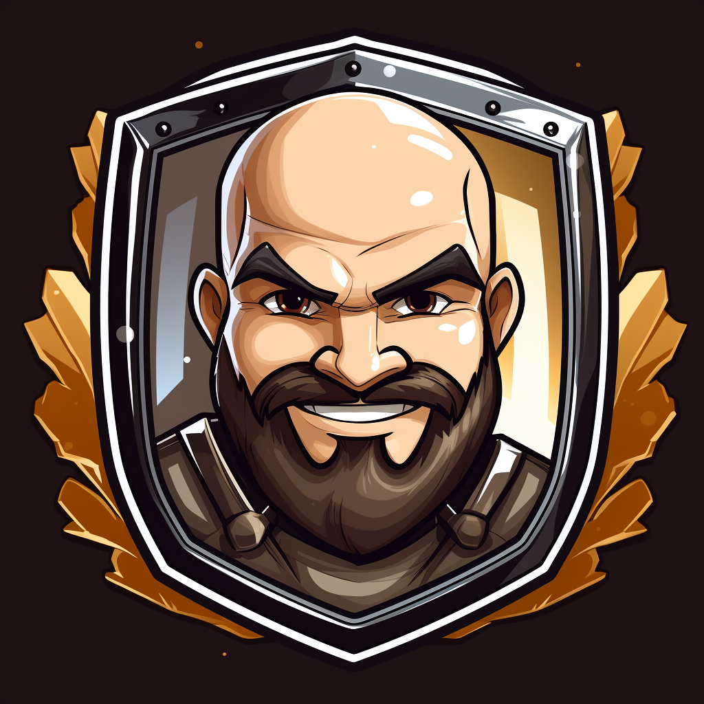 Cartoon image of bald man with beard and shield