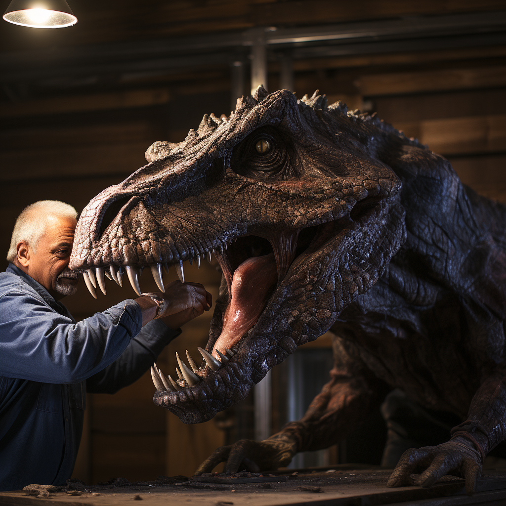 Bald man gently petting a T-Rex