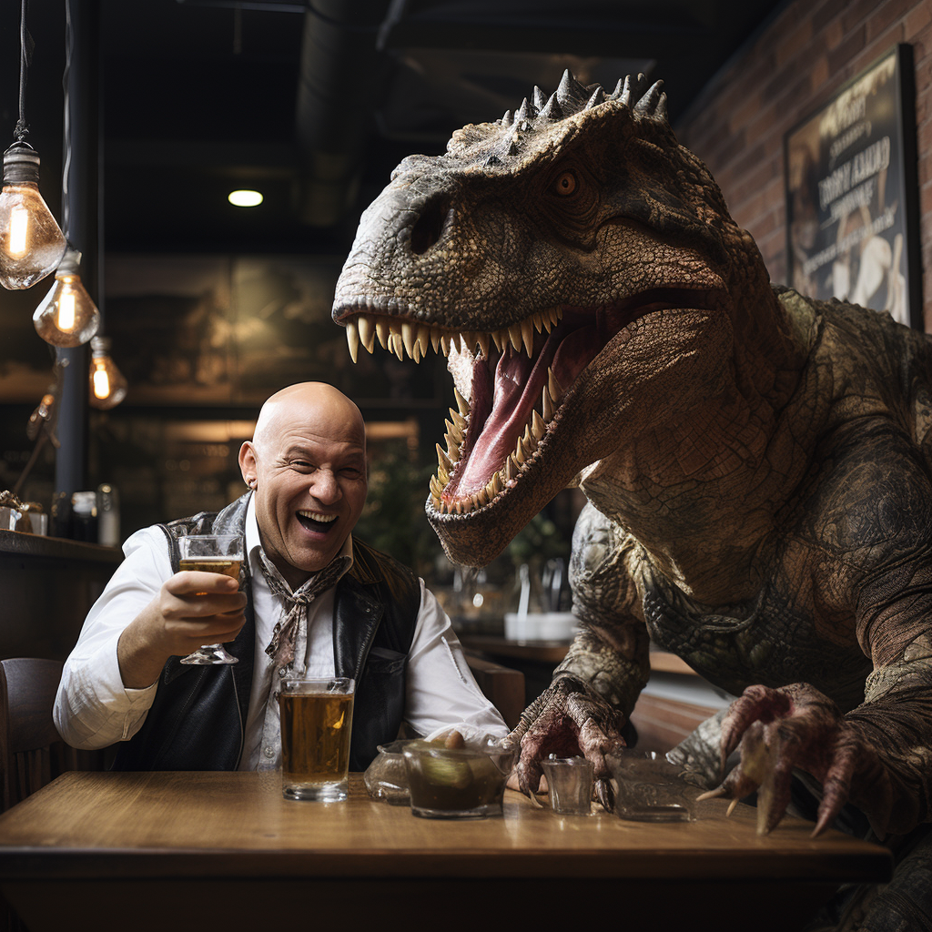 Bald man enjoys champagne while petting Tyrannosaurus Rex