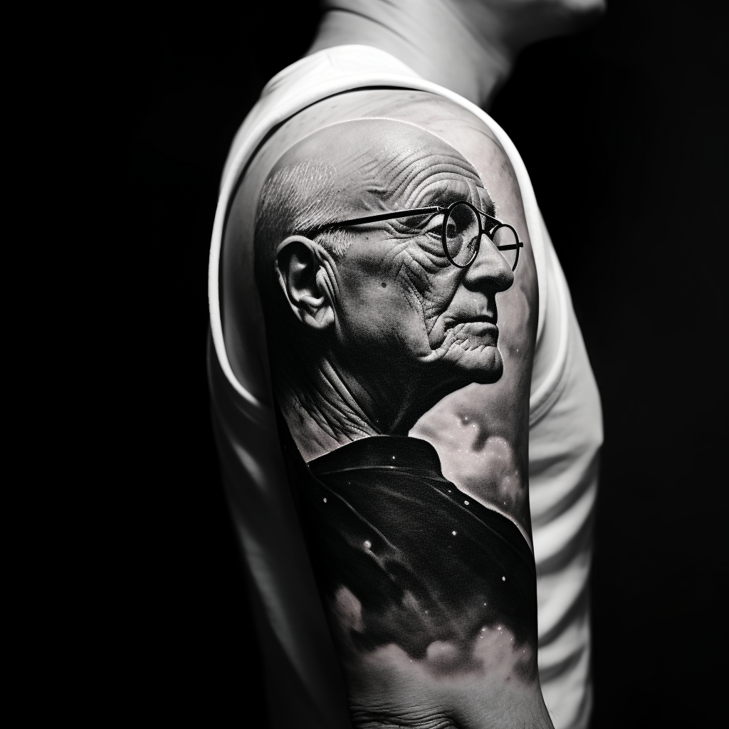 Black and white side profile of bald old man with glasses