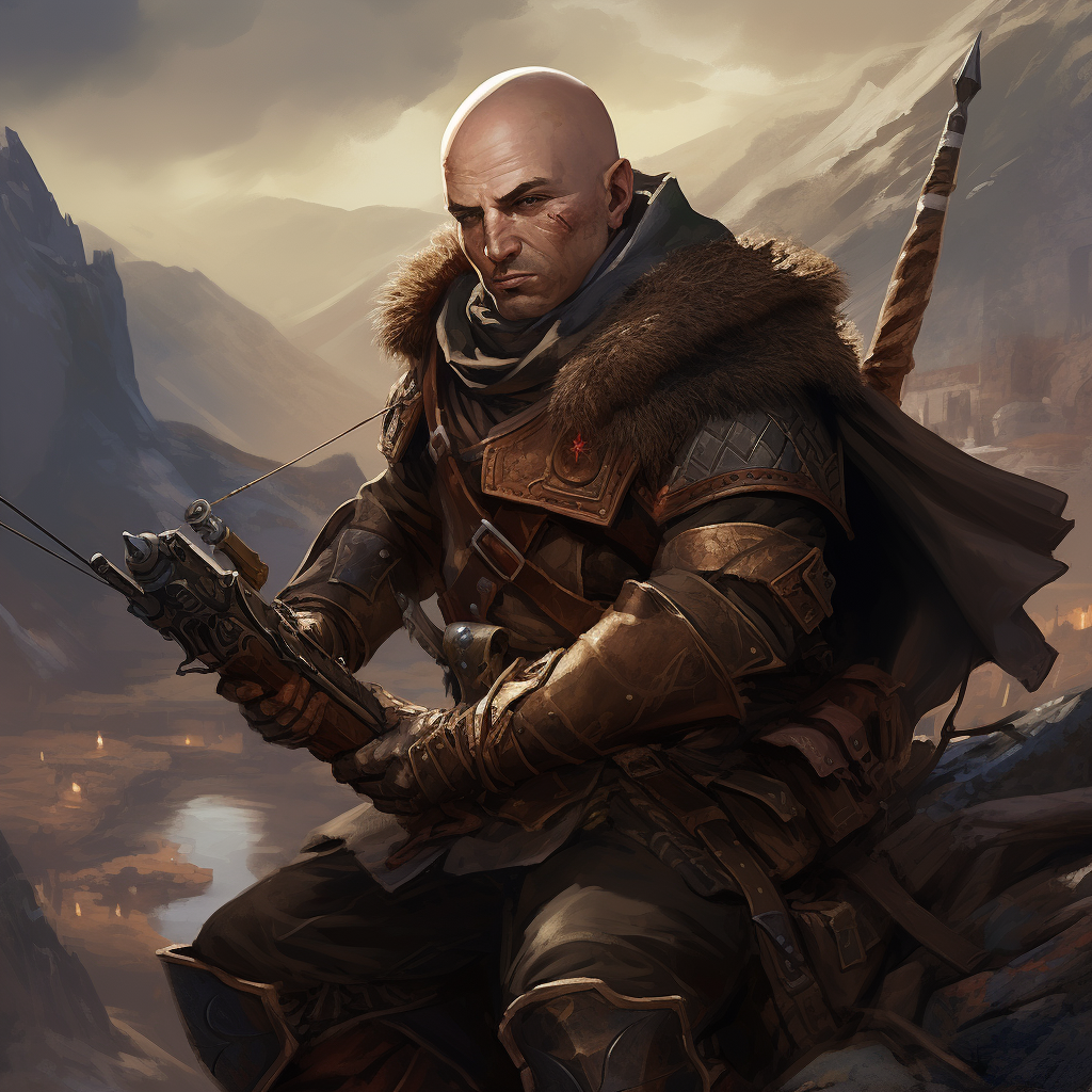 Bald Shady Ranger Aiming Crossbow in Fantasy Pathfinder