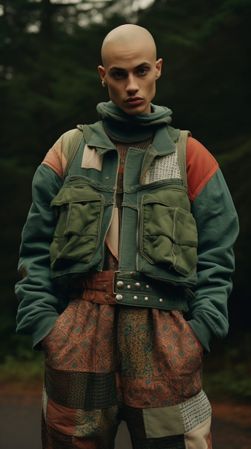 Bald Trans Model in Fashionable Patchwork Outfit