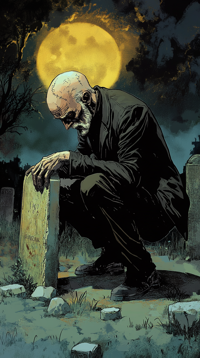 Old man in graveyard at night