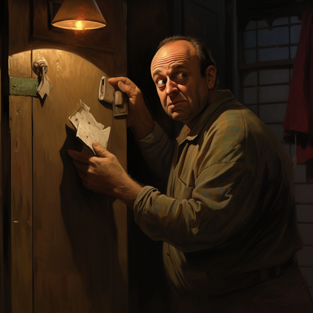 Balding uncle caught in dimly lit apartment