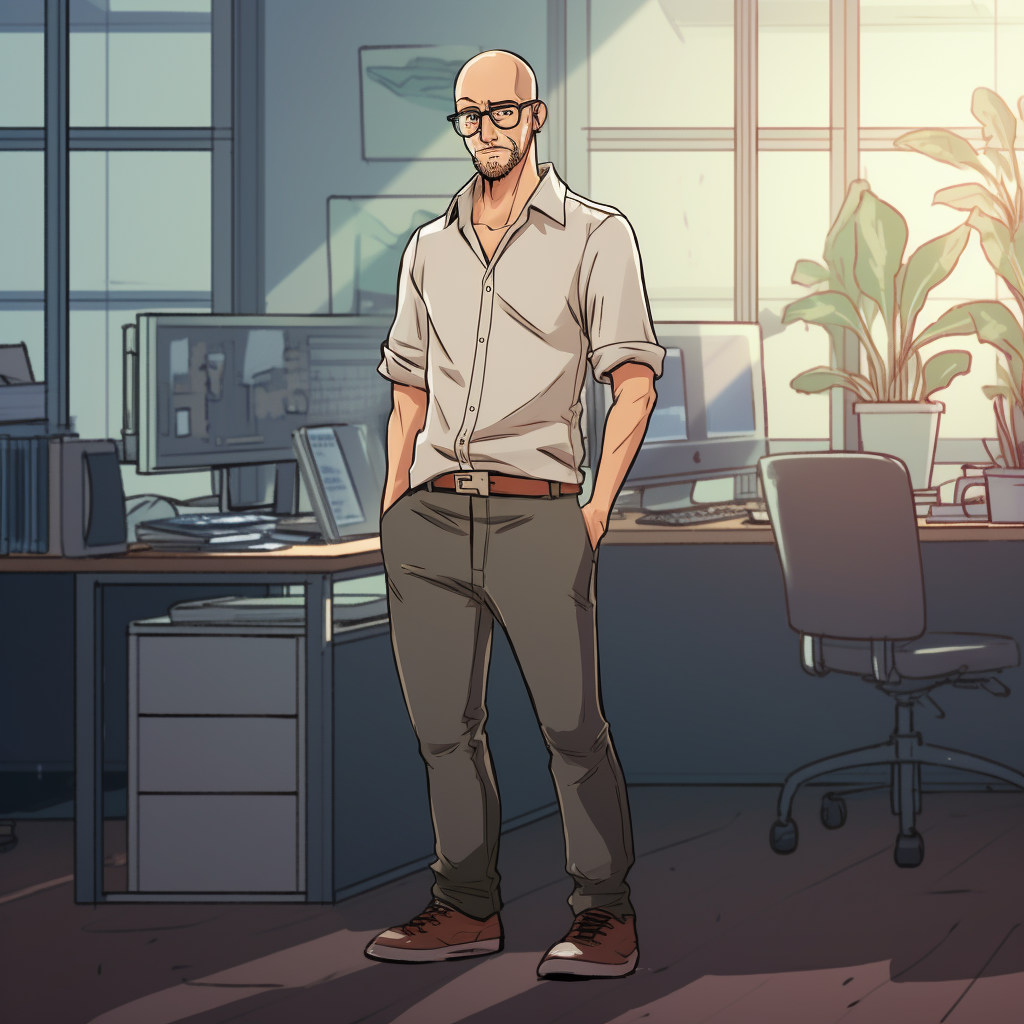 Balding Scandinavian Man thinking at office