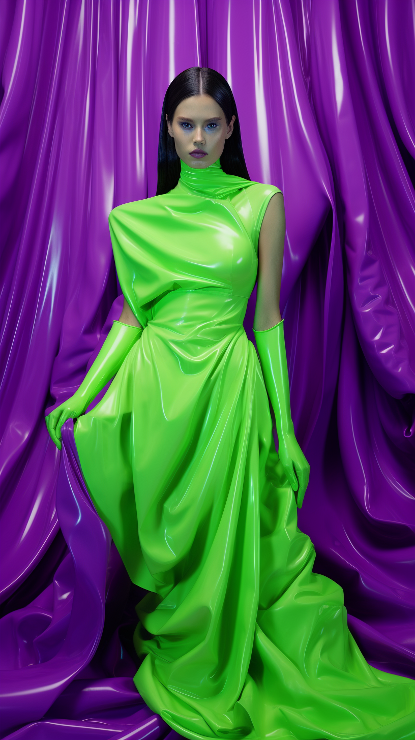 Vibrant purple and green latex fashion scene