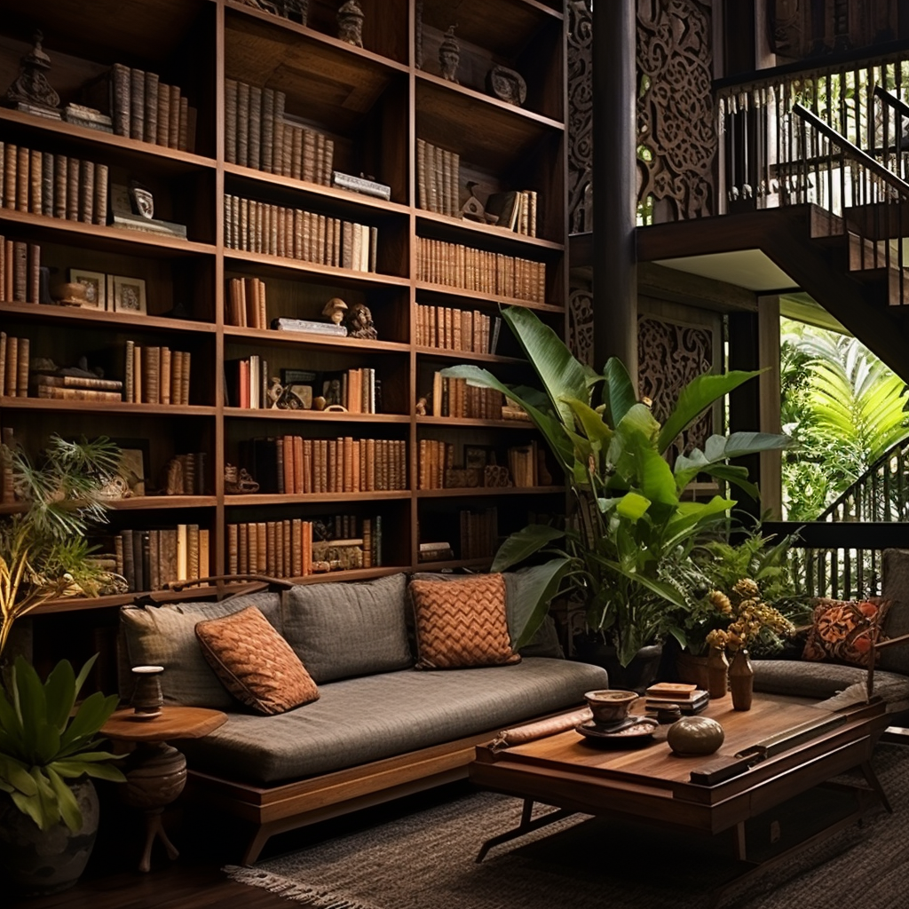 Teak bookshelves in cozy reading corner