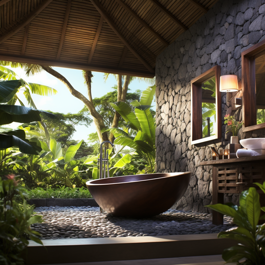 Balinese bathroom with garden view