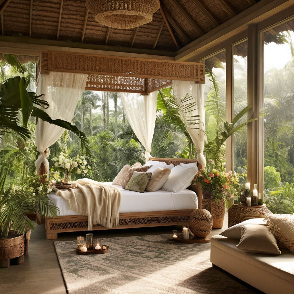 Tranquil Balinese bedroom with canopy bed and garden views