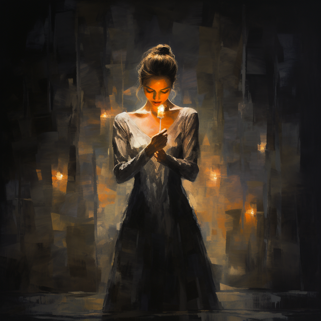 Abstract ballerina holding candle in dark auditorium