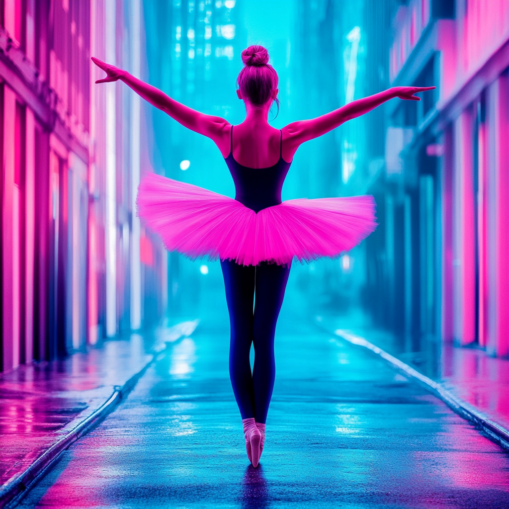 Ballerina doing pirouette neon glitching