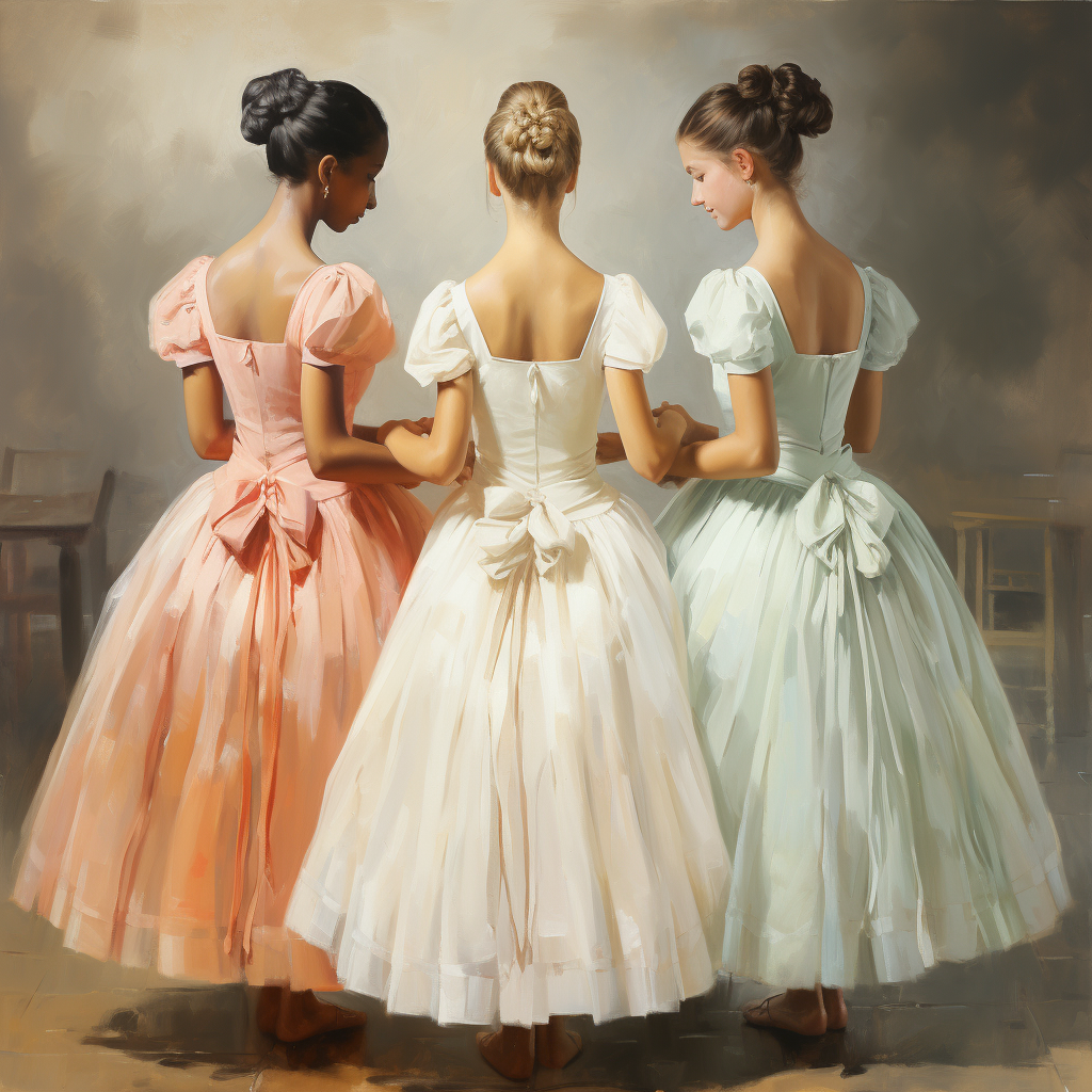 Three graceful ballerinas in soft pastel tutus