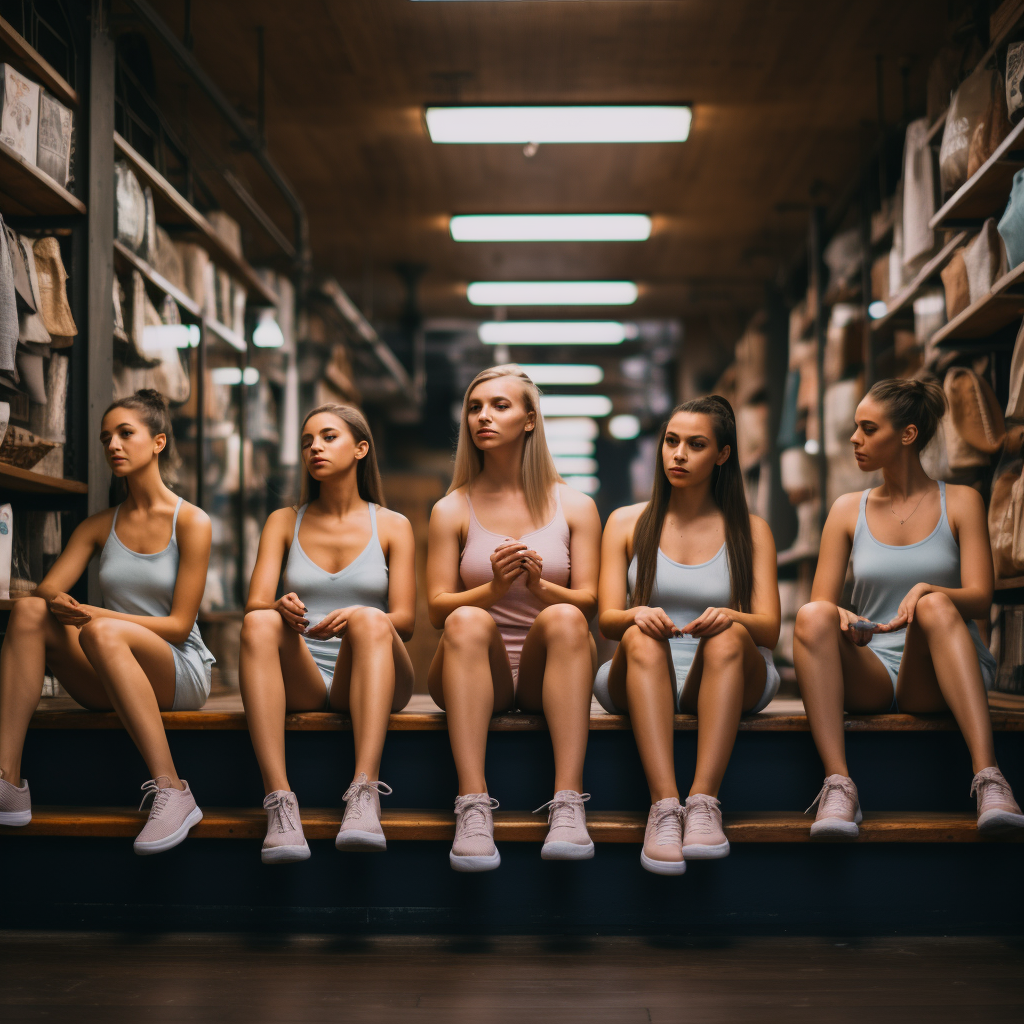 Group of ballerinas trying on Nike shoes