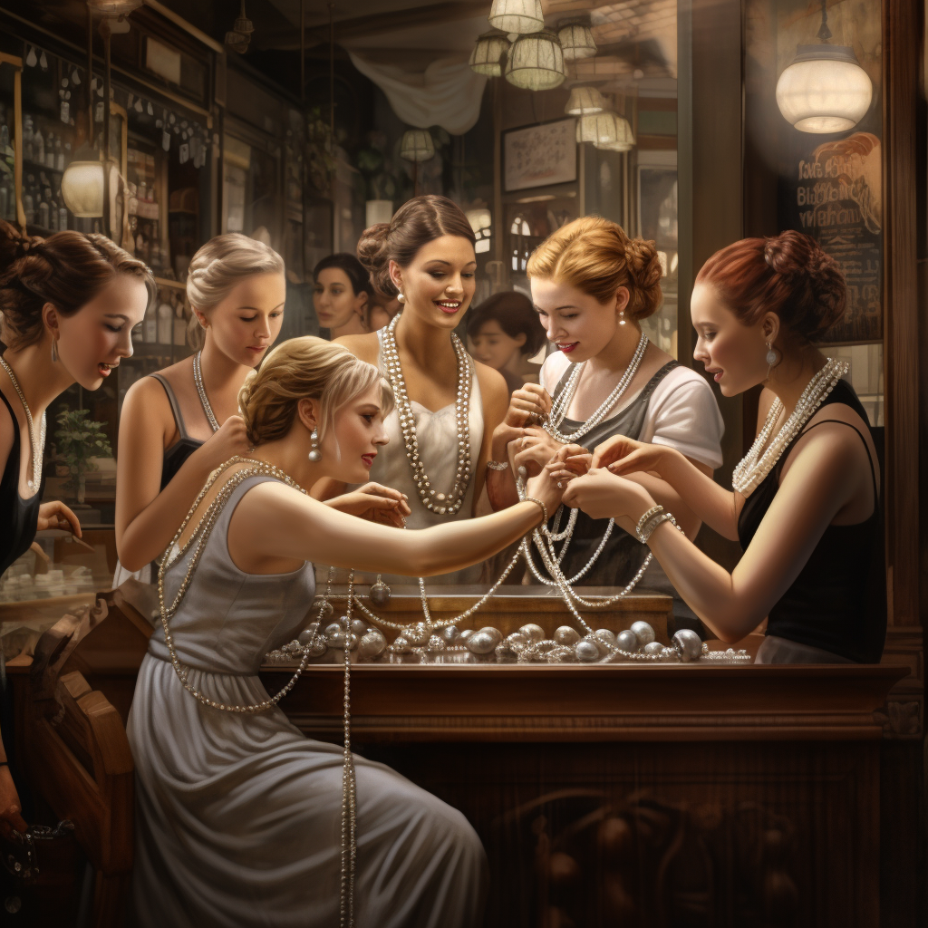 Ballet dancers trying on pearls in store