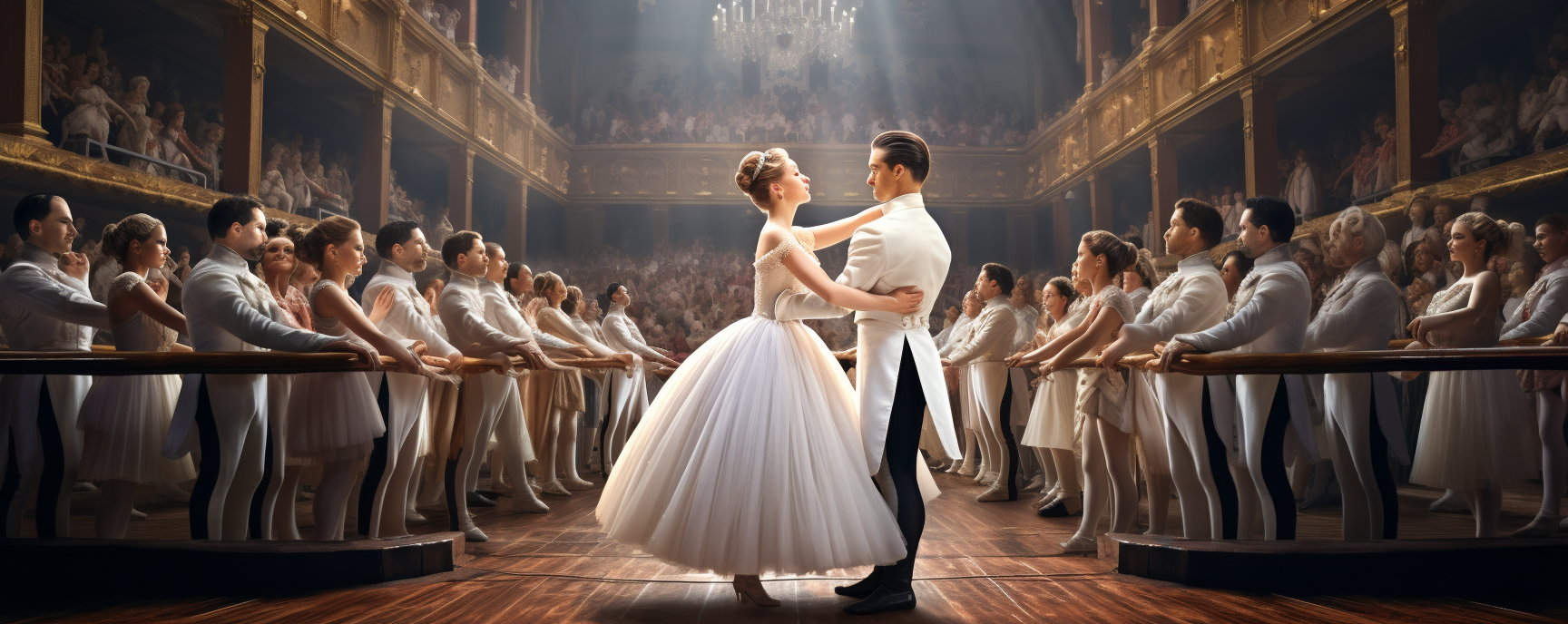 Two ballerinas en pointe embracing on stage