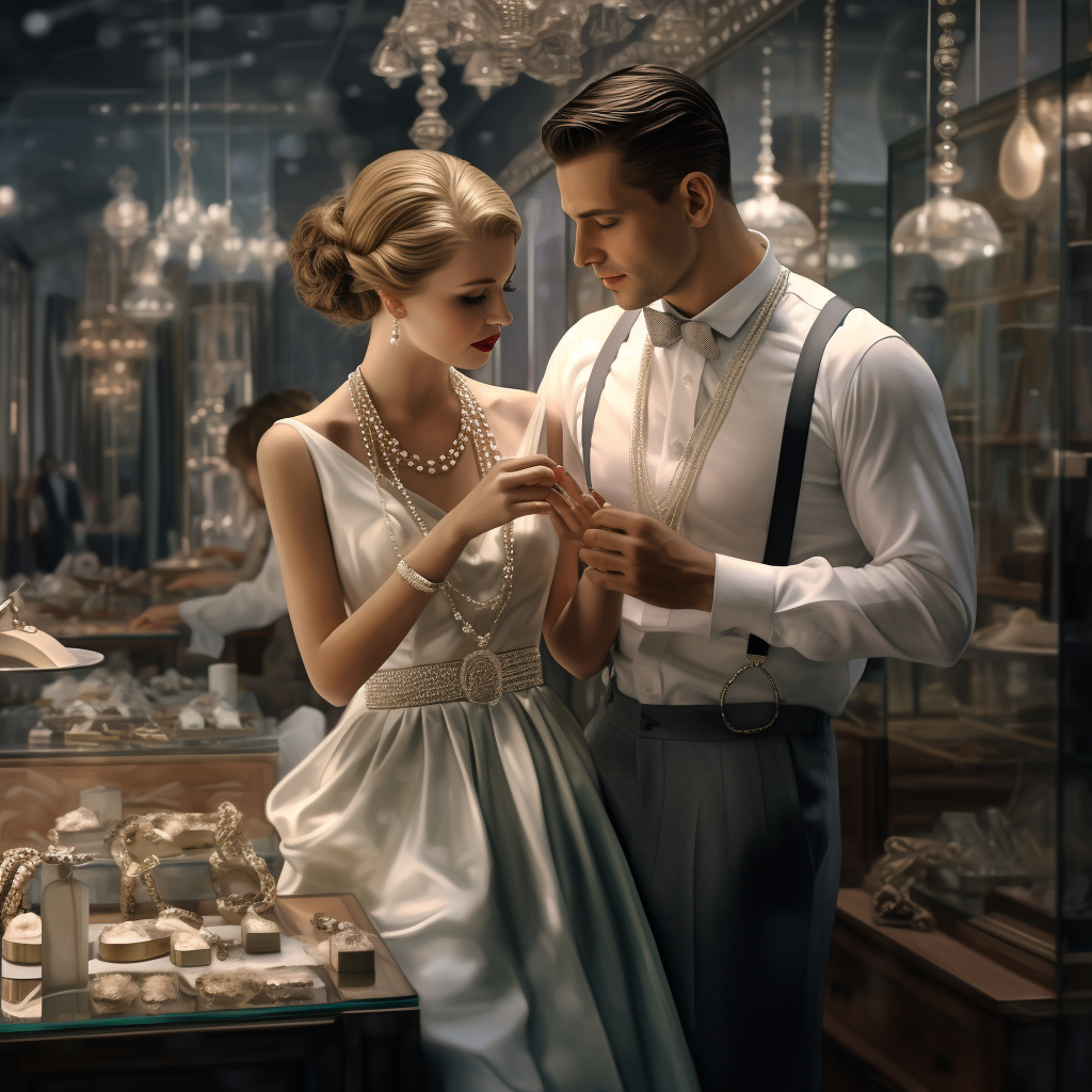 Ballet dancers trying on pearls in store