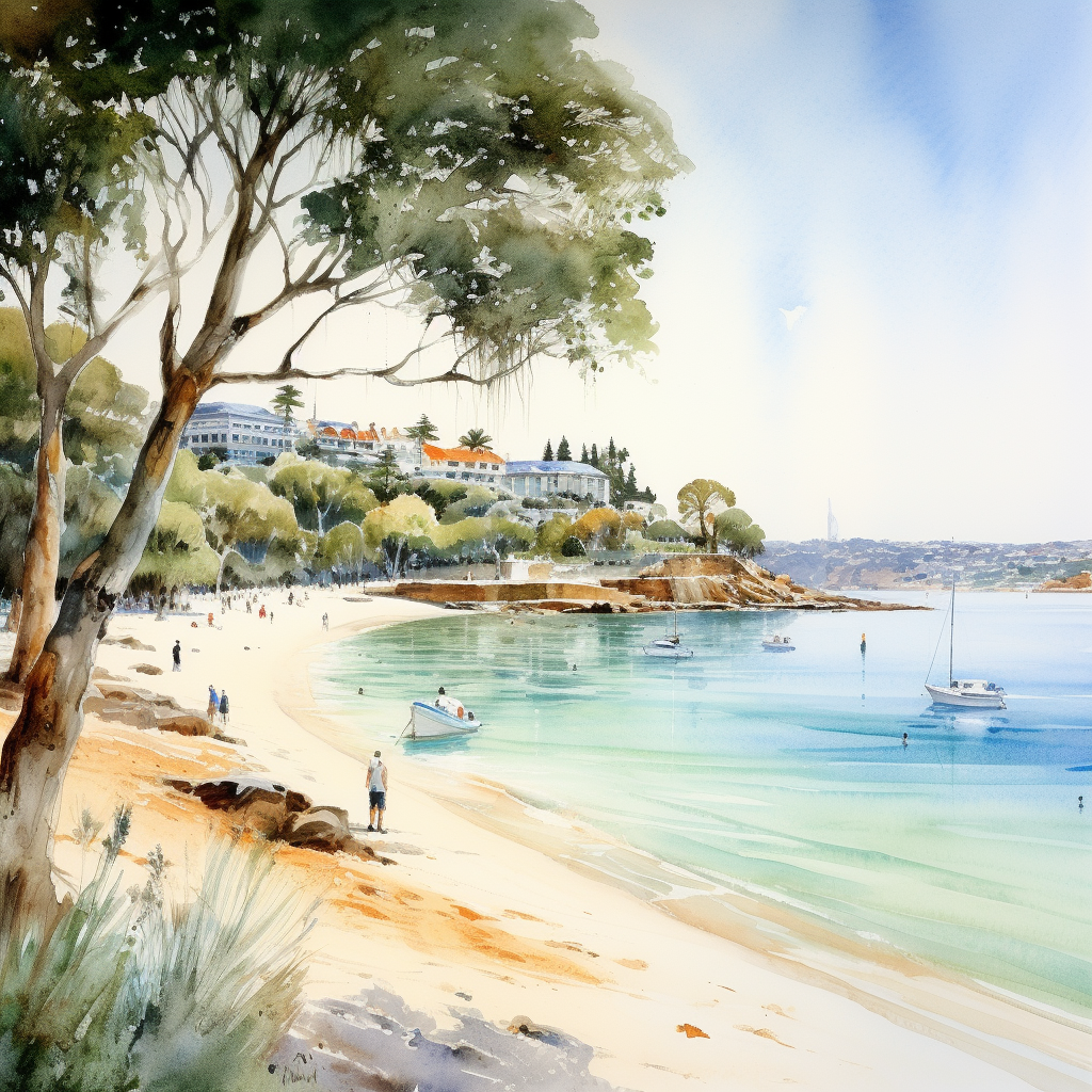 Line wash painting of Balmoral Beach in Sydney