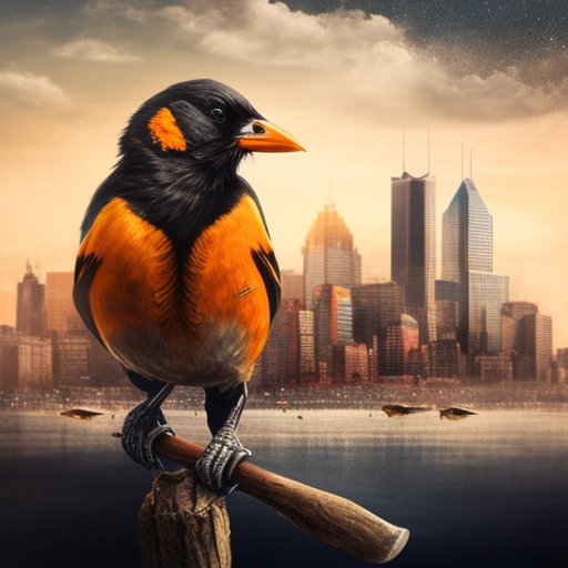 Muscular Baltimore Oriole Bird with Baseball Bat