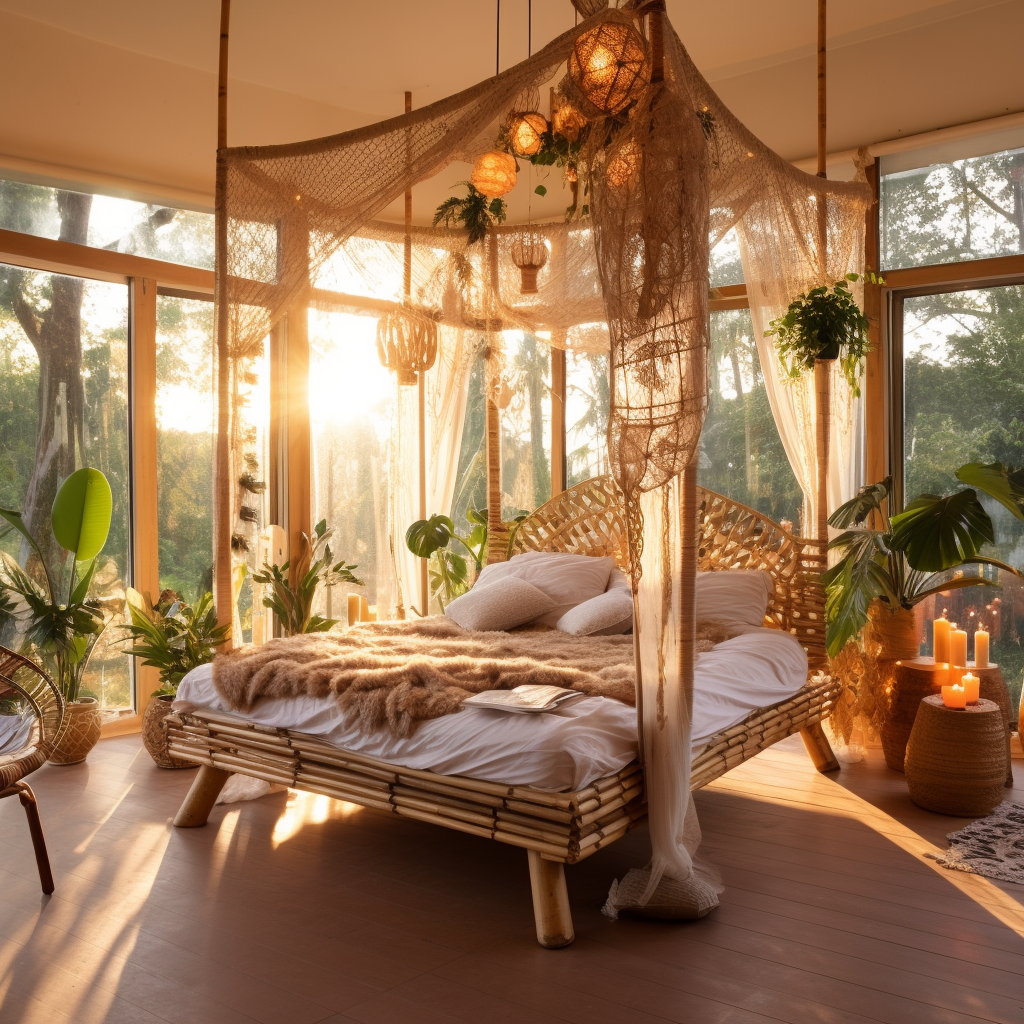 Bamboo Bohemian Canopy Bed with Tropical Sunset Lighting