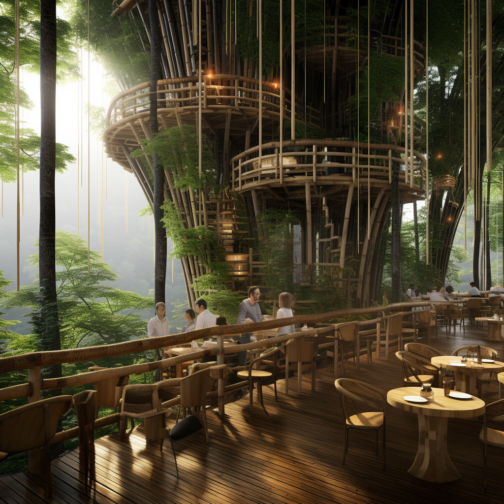 Bamboo cafe with stunning forest view