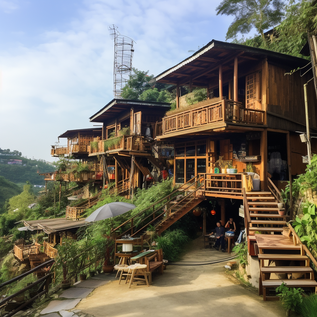 Bamboo coffee shop with hillside view