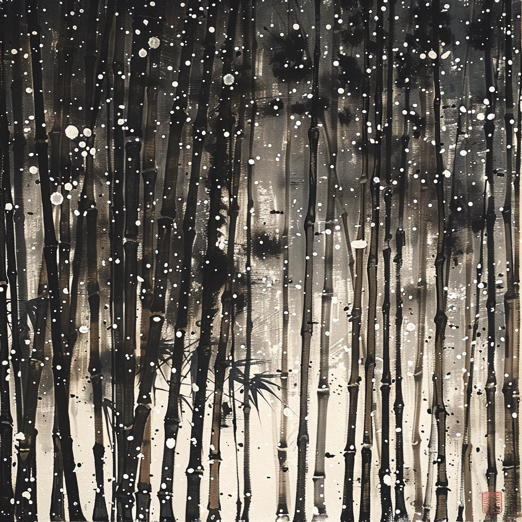 snow falling on bamboo forest