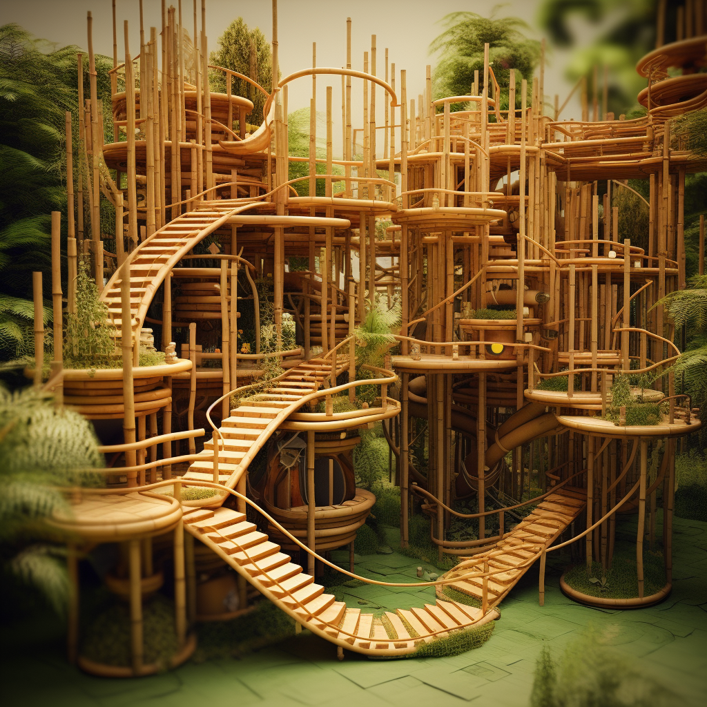 Children playing at a bamboo playground