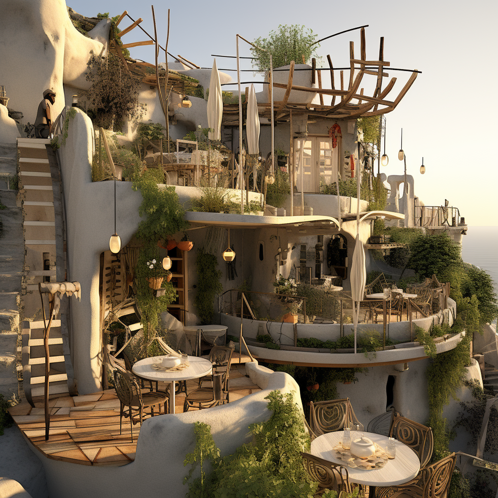 Charming Santorini cafe surrounded by bamboo