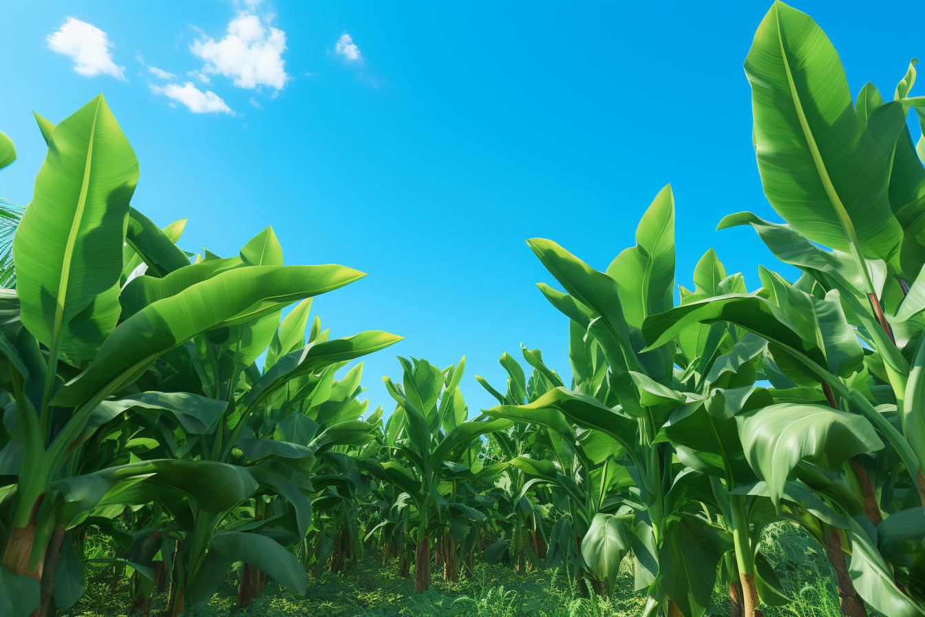 Stunning organic banana trees field under clear blue skies