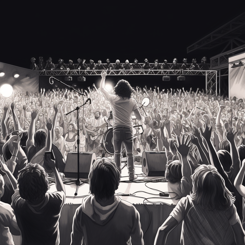 Hyperrealistic pencil drawing of band performing on stage